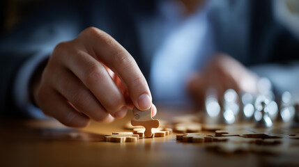 Hand positioning final puzzle piece into board defocused completion background representing solution symbolism execution achievement successful delivery problem solving