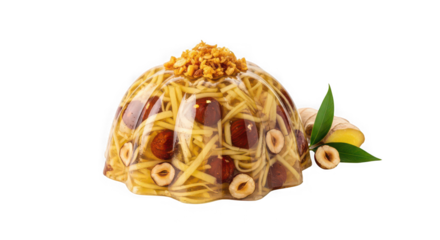 Exquisite dessert creation with dates and nuts on black background