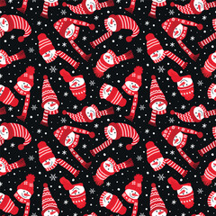 Christmas Seamless Pattern. Winter Background with Funny Snowmen Heads, Snowflakes. Vector illustration on Black Background