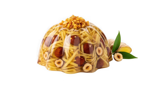 Exquisite dessert creation with dates and nuts on black background