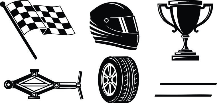 Racing helmet tire checkered flag trophy and car jack vector illustration set