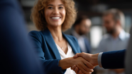 Cheerful accomplished leaders shaking hands faceless businesspeople defocused corporate firm background successful partnership agreement professional collaboration scene