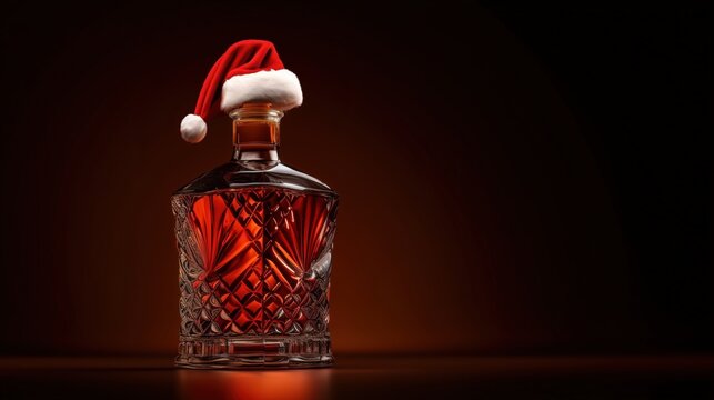  bottle of engraved crystal no-name whisky with a santa hat on top. at a gradient background