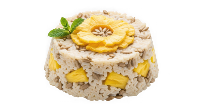 Gourmet rice dish with pineapple flower garnish and mint leaf