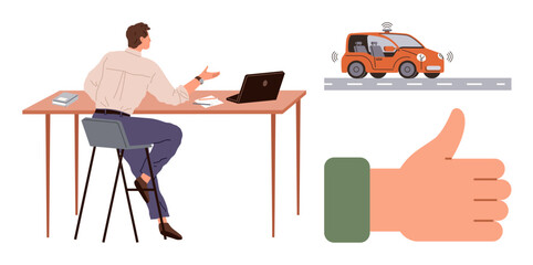 Man seated at desk with laptop examining self-driving car on road. Thumb-up gesture signifies approval. Ideal for innovation, technology, futuristic ideas, transport, AI, efficiency, simple flat