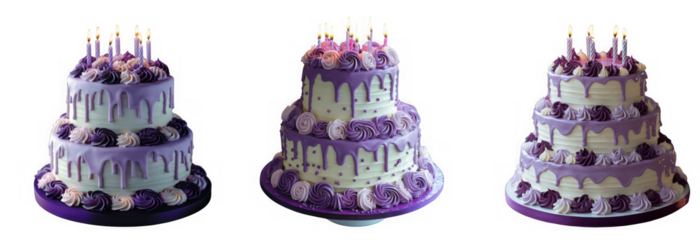 Three elegant purple and white tiered birthday cakes with lit candles, perfect for celebrations, isolated on transparent background