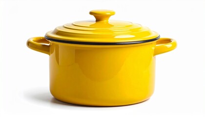 Bright yellow enameled cast iron Dutch oven with lid, side handles, and top knob on white background