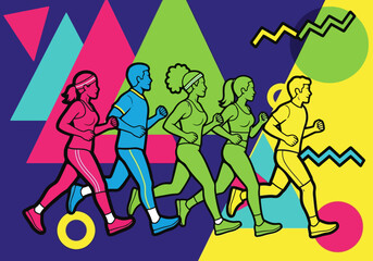 Energetic vector illustration of athletes running against a bright geometric retro background.