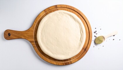 Uncooked round pizza dough on wooden board with wooden spoon, herbs, and peppercorns on white surface