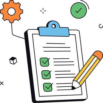 Checklist creation task management with gear pencil isometric flat vector illustration