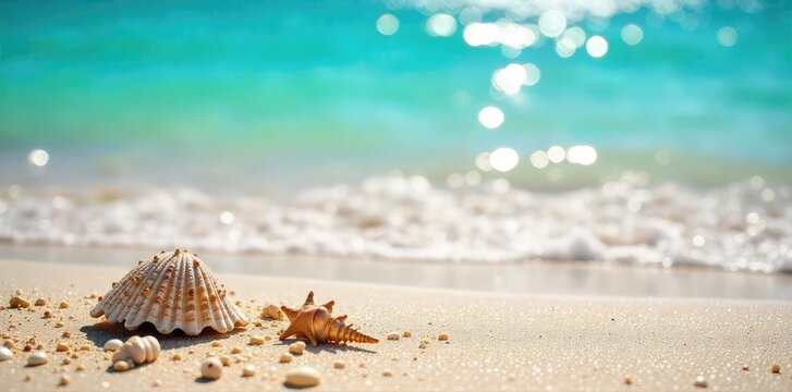 Sun-drenched sand, sparkling turquoise water, seashells scattered along the shore, a quintessential summer beach scene Perfect for travel, vacation, or summer themed projects , warmth, blue