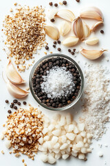 A vibrant flat lay of various spices and garlic cloves, showcasing black pepper, coarse salt, and crushed nuts, ideal for culinary themes.