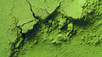 A close-up, high-resolution image of vibrant green matcha powder, showcasing its textured surface and fine granules in a natural style.