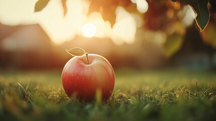 Apple resting on grass under tree during sunset for Earth Day  
