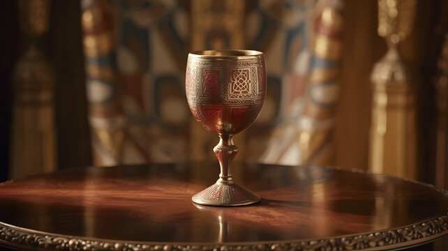 An ornate golden goblet with intricate red details stands elegantly on a polished wooden table, evoking ancient luxury