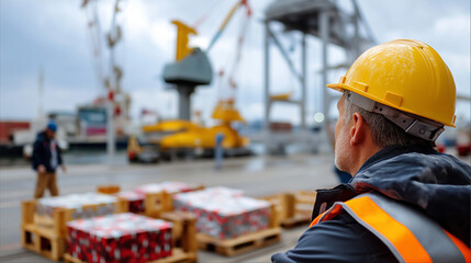 Anonymous worker's profile blurred while focused trade duty text on crates and harbor cranes stay visible, with copy space