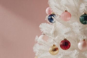A beautifully styled white Christmas tree adorned with an array of colorful ornaments, set against a soft pink background.