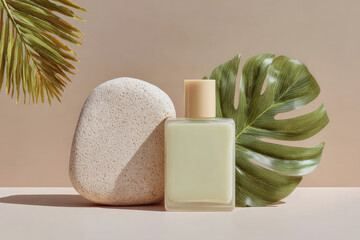 A serene, minimalist image featuring a light green skincare bottle, a textured stone, and a lush green leaf, all set against a soft beige background.