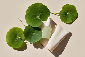 A minimalist flat lay featuring green leaves and skincare bottles on a soft beige background, emphasizing natural beauty and wellness.