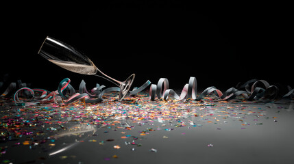 Overturned champagne glass with confetti and streamers on a black background, concept of celebration, festivity and New Year's party energy
