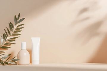 A minimalist aesthetic featuring a round beige bottle and a white tube against a soft, light background, accented by a green leaf.