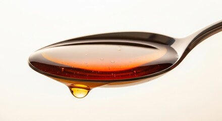 Liquid honey dripping from a spoon against a light backdrop  