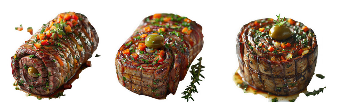 Three gourmet rolled meat dishes, possibly beef roulade, garnished with herbs, diced vegetables, and olives, isolated on transparent background