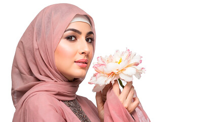 A woman in a solid-colored Punjabi dress gently holding a flower against a white background