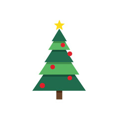 Simple Flat Design Christmas Tree Illustration with Star Topper and Red Ornaments