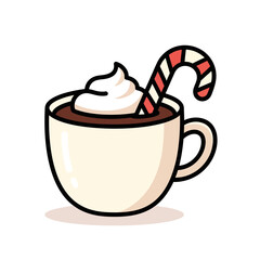 Festive hot chocolate mug with whipped cream and a striped candy cane vector illustration.