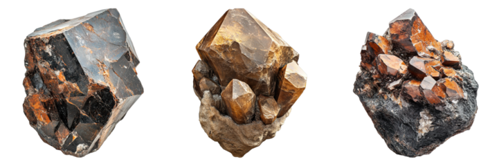 Three unique minerals with distinctive textures and colors, capturing the raw beauty of natural formations