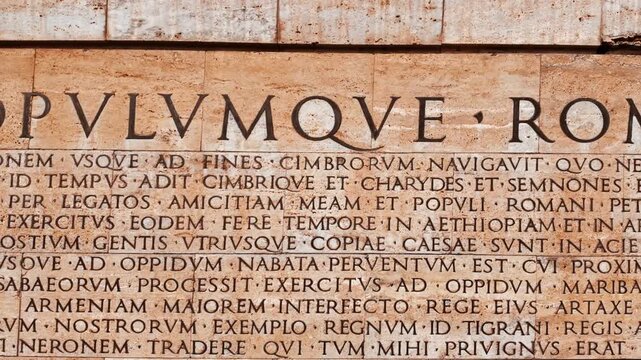Latin inscription of the Res Gestae Divi Augusti The Deeds of the Divine Augustus written by Emperor Augustus in Rome, Italy