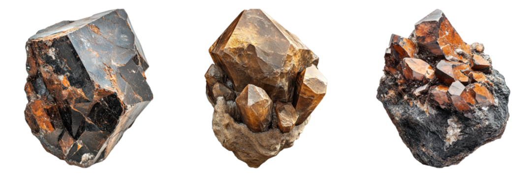 Three unique minerals with distinctive textures and colors, capturing the raw beauty of natural formations