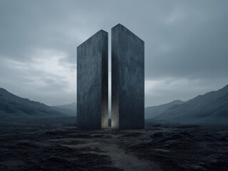Dark Conceptual Concrete Monolith Structure in Vast Barren Landscape Art