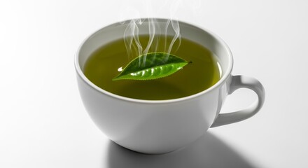 Green tea in white cup with steaming leaf on white background  