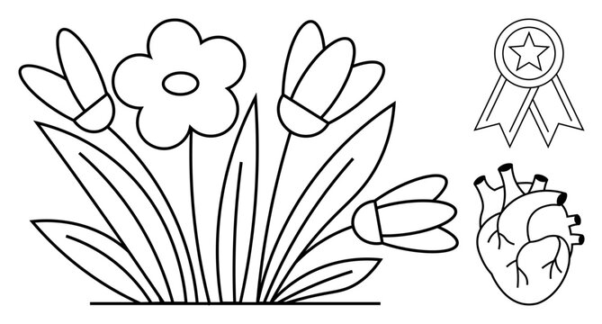 Blooming flowers with petals, leaves, and stems, next to an award ribbon and anatomical heart. Ideal for nature, health, success, anatomy biology wellness and growth concepts. Simple flat metaphor