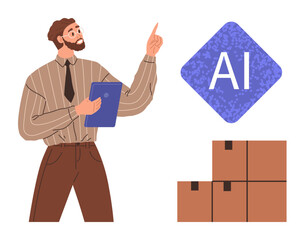 Male professional holding clipboard, pointing to AI symbol near stacked boxes. Ideal for technology, logistics, innovation, automation, business strategy, warehouse organization, and efficiency