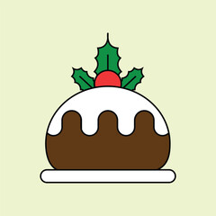 A festive Christmas pudding with white icing, holly leaves, and a red berry, set against a pale green background.