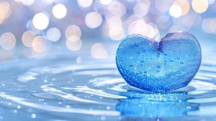 Fototapeta premium Crystal water heart forming from swirling blue liquid ribbons, suspended droplets, shimmering reflections, ethereal dreamlike style, soft bokeh lights, Valentine concept