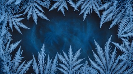 Beautiful ice crystals and frosty fernlike patterns forming a decorative border on a deep blue winter backdrop