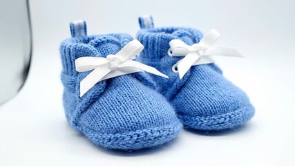 Close up of blue knitted baby booties on white background