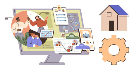 Team collaborating via technology, project tools on screen, flowcharts, house icon, and gear. Ideal for teamwork, innovation, remote work, technology management process and strategy