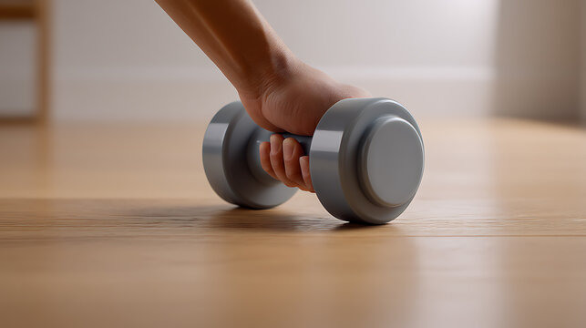 Hand holding dumbbells in a sleek, matte grey design