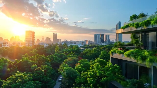Green Building in City with Lush Vegetation and Sunset.