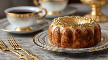 elegant food photography, opulent feature on rosca de reyes golden marble crust, glistening fruits, elegant tableware with steamy hot chocolate
