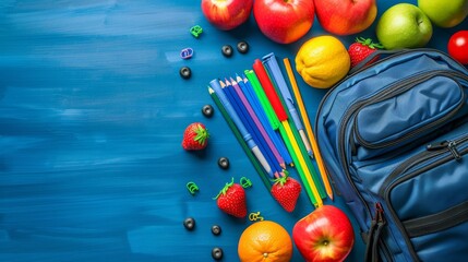 Vibrant back to school supplies featuring a blue backpack and colorful stationery items
