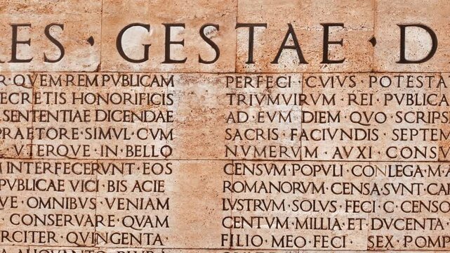 Latin inscription of the Res Gestae Divi Augusti The Deeds of the Divine Augustus written by Emperor Augustus in Rome, Italy