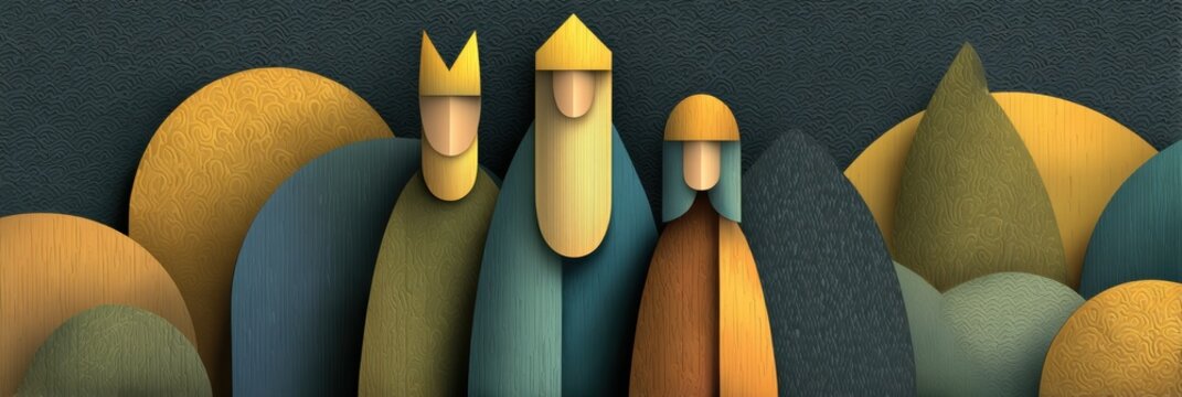 luxurious postcard design, sleek d postcard template with glossy three kings figures and abstract shapes bathed in soft studio lighting, elegant open space for customizable text, and a clean design