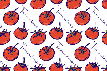 Seamless pattern with red tomato. Fresh farm vegetables and inscription. Vegetables Ingredients for cooking, hand drawn doodle sketch for Mediterranean diet wallpaper, wrapping paper. Repeated print. 