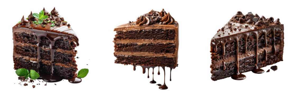 Three decadent slices of chocolate cake with rich frosting, chocolate drizzle, and various toppings, isolated on transparent background
